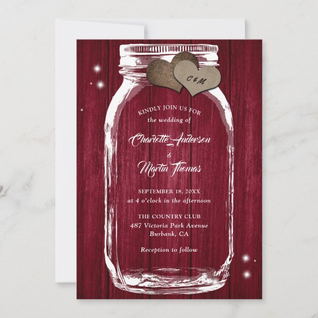 Rustique Bourgogne Mason Jar Mariage Invitations (Devant)