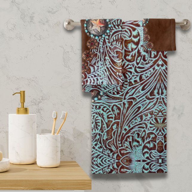 Rustique brun turquoise de l'ouest motif (Rustic brown turquoise western country pattern bath towel set)