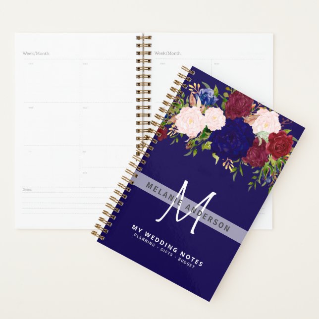 Rustique Burgundy Bleu rose Mariage Floral Planifi (Devant avec enveloppe)