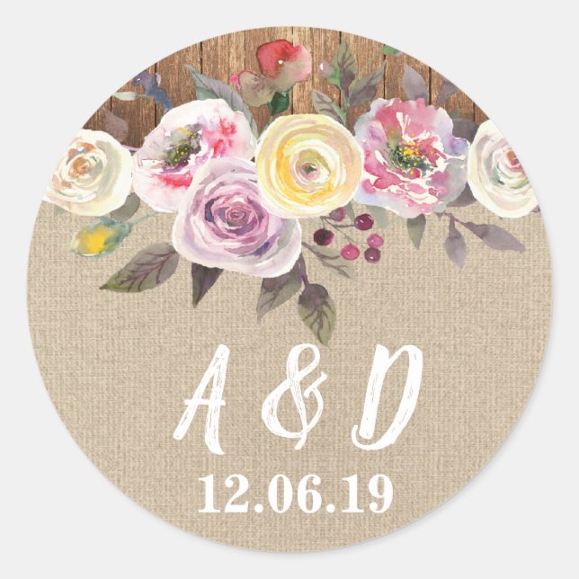 Rustique Burlap Bois Floral Mariage Stickers Étiqu (Devant)