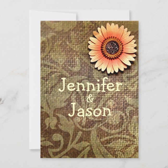 Rustique Burlap Damask Flower Wedding Invitations (Devant)