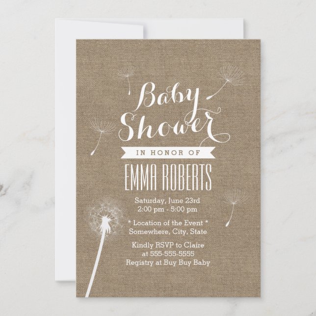 Rustique Burlap Dandelion Baby Shower Invitations (Devant)