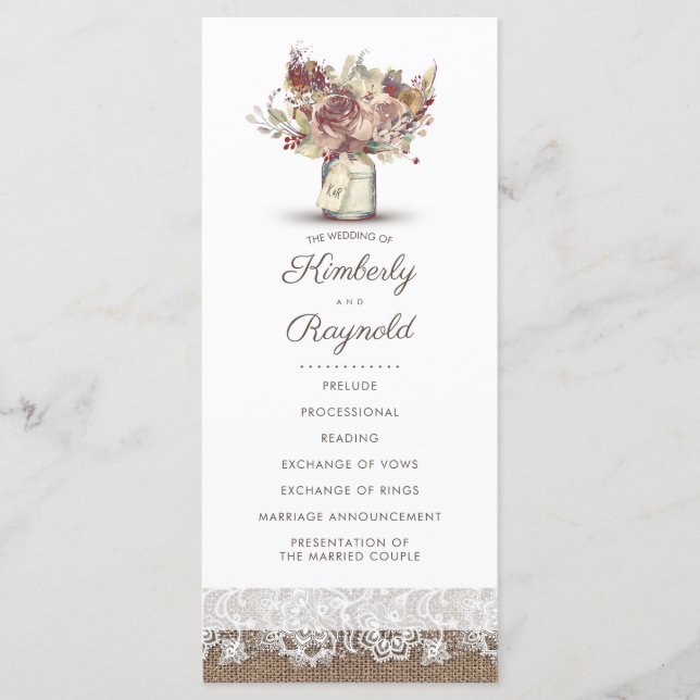 Rustique Burlap Floral Mason Jar Programmes de mar (Devant)