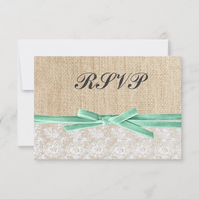 Rustique Burlap Lace Mint Ribbon Wedding RSVP (Devant)