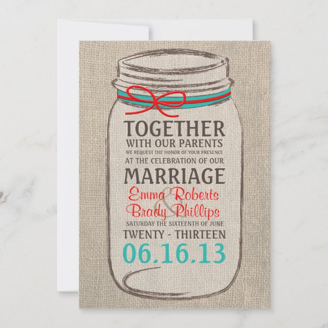Rustique Burlap & Mason Jar Faire-part de mariage (Devant)