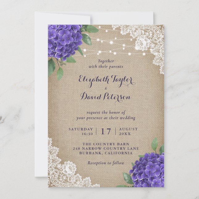 Rustique Burlap Purple Hydrangea Invitations de ma (Devant)