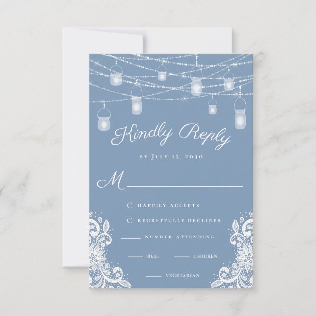 Rustique Dusty Blue Lumières Mariage carte RSVP (Devant)