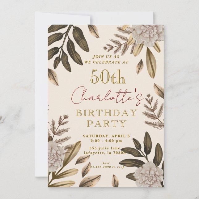 Rustique Elégant Floral Invitations 50e Anniversai (Devant)