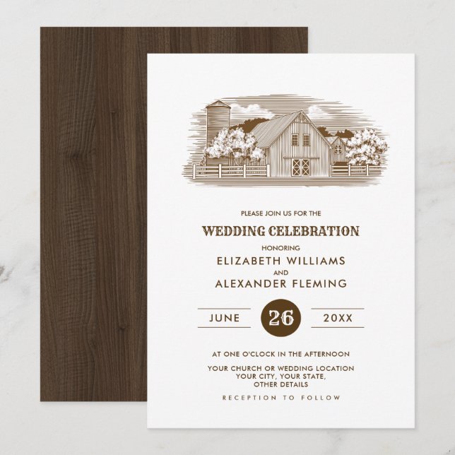 rustique | Ferme | Invitations de mariage en bois  (Devant / Derrière)