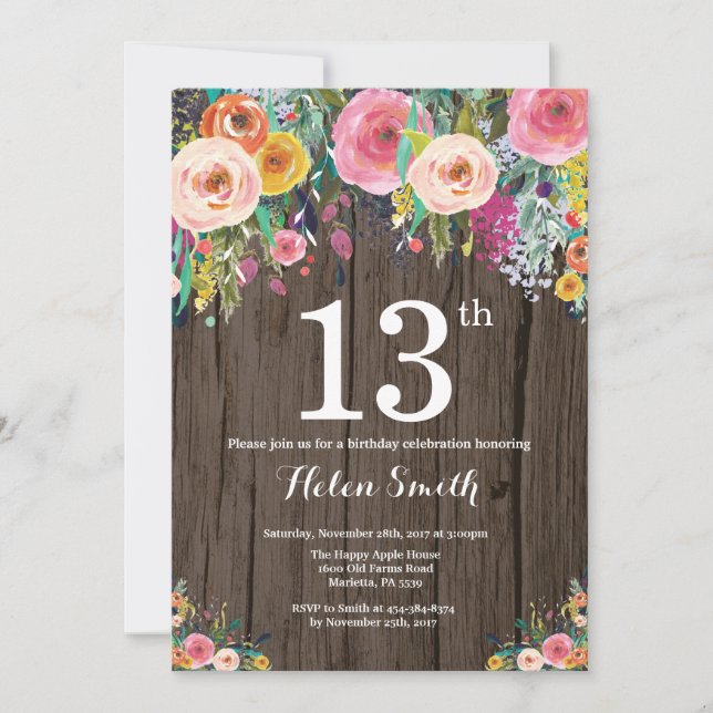 Rustique Floral 13e anniversaire Invitation (Devant)