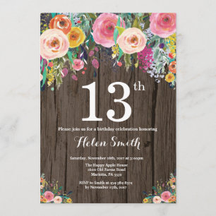 Rustique Floral 13e anniversaire Invitation