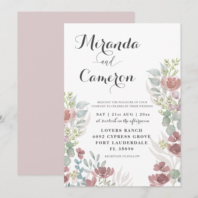 Rustique Floral Brûlé Orange Faire-part de mariage (Devant / Derrière)