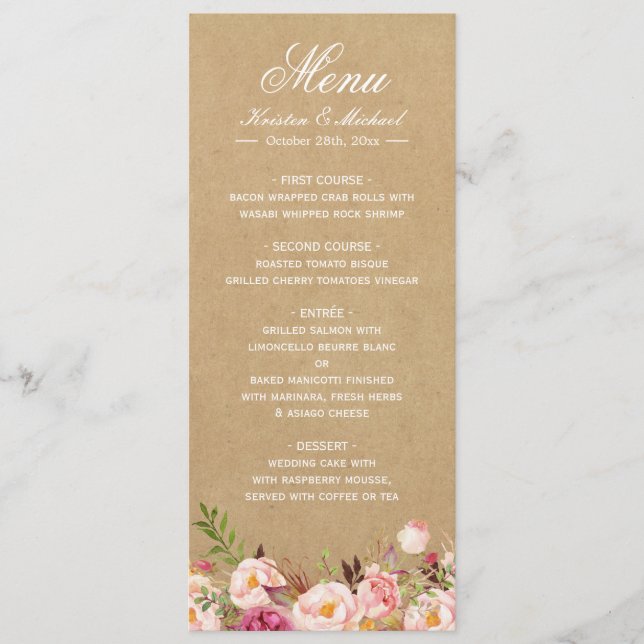 Rustique Floral Kraft | Élégant menu Mariage chic (Devant)