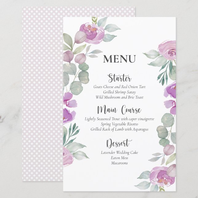 Rustique Floral Rose Watercolor Menu Mariage (Devant / Derrière)