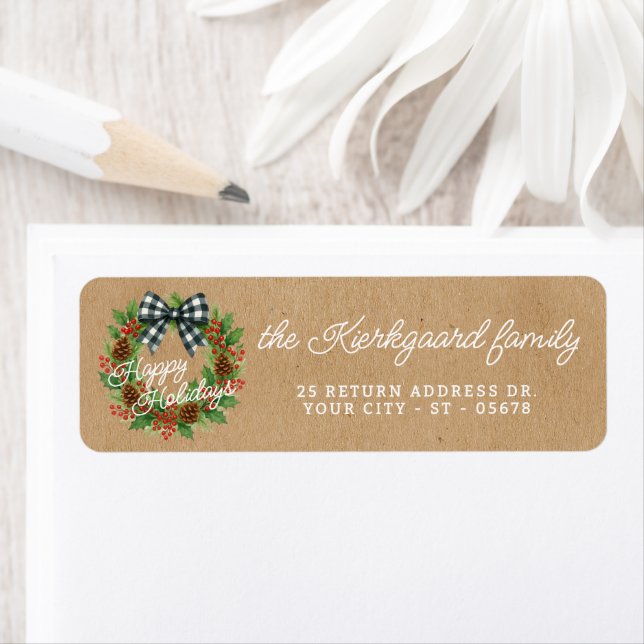 Rustique Holly Wreath Blanc Noir À damiers Bow (En situation)