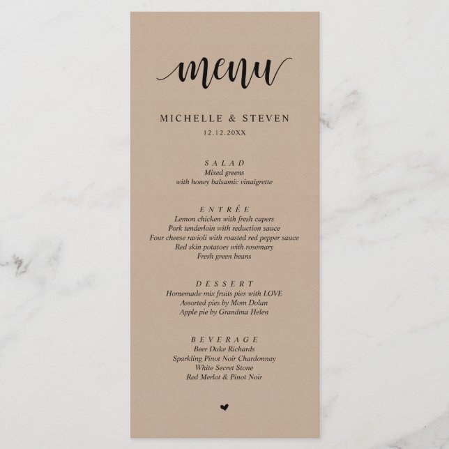 Rustique Kraft Mariage Elopement Menu Dîner (Devant)