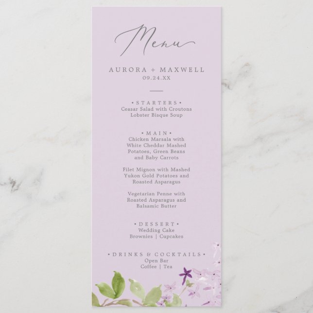 Rustique Lilac | Lavender Mariage Dinner Menu (Devant)