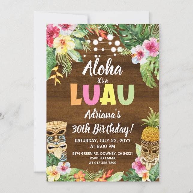 Rustique LUAU Tropical Aloha Invitation d'annivers (Devant)