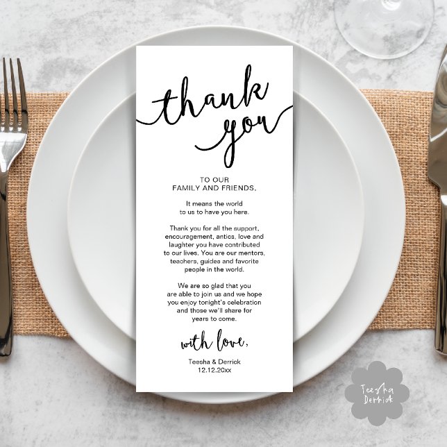 Rustique Mariage Lieu Cadre Dîner Carte de remerci (Rustic Wedding Place Setting Rehearsal Dinner Thank you Card Plate Decor White Black)