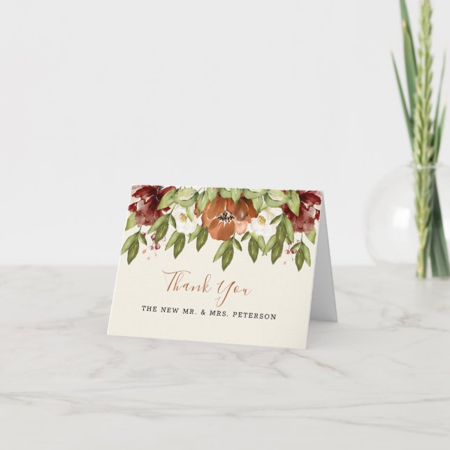 Rustique Maroon Orange Floral Mariage Carte de rem (Devant)