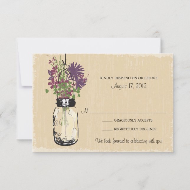 Rustique Mason Jar Fleurs violettes Mariage RSVP (Devant)