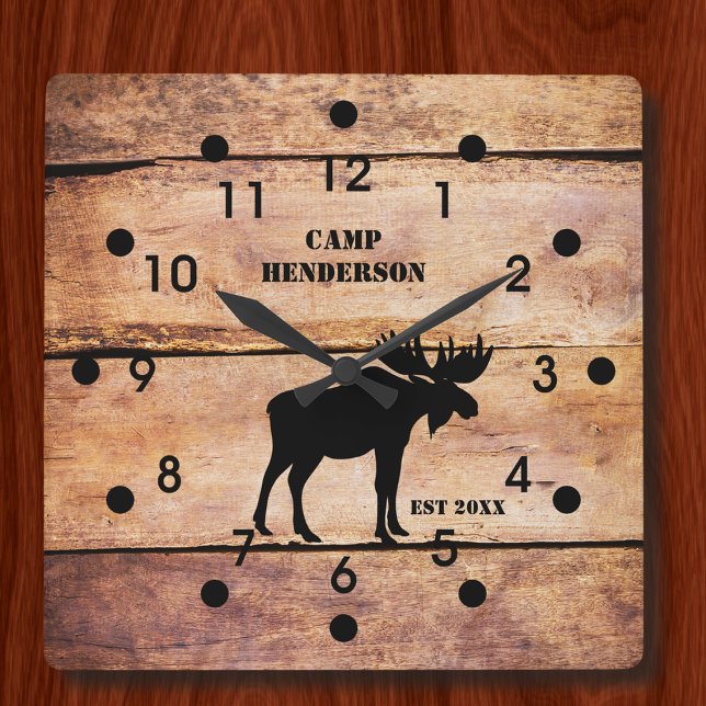 Rustique Moose Camp Plank Style Acrylique Horloge (Créateur téléchargé)