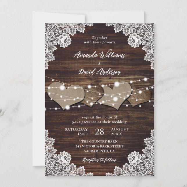 Rustique Pays Bois Burlap Faire-part de mariage de (Devant)