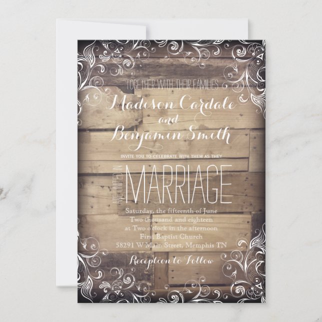 Rustique Pays Bois Flourish Mariage Invitations (Devant)