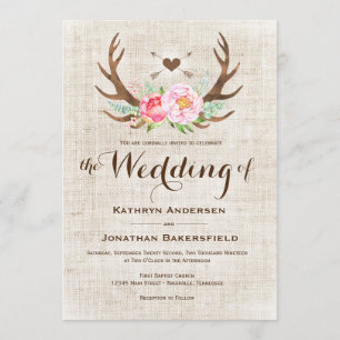 Rustique Pays Floral Antlers Mariage Invitations