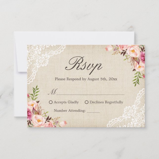 Rustique Pays Floral Lace Ivory Burlap RSVP Répons (Devant)