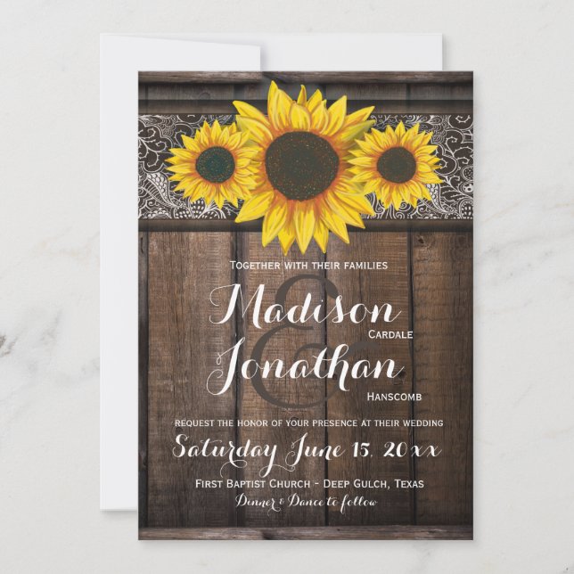 Rustique Pays Tournesol Bois Invitations de mariag (Devant)