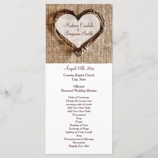 Rustique Pays Twine Coeur Programmes de mariage (Devant)