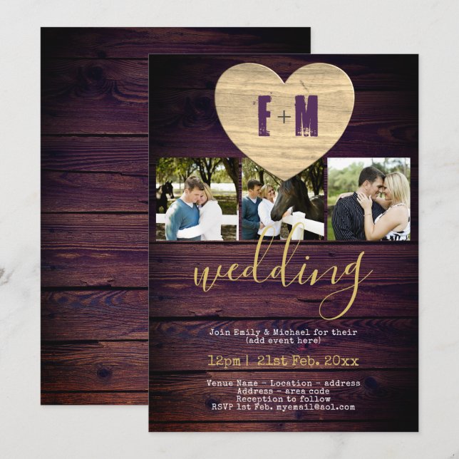Rustique PHOTO Mariage Invitations Purple Gold (Devant / Derrière)