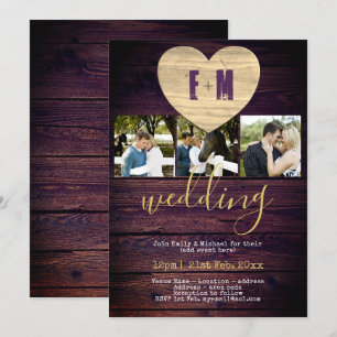 Rustique PHOTO Mariage Invitations Purple Gold