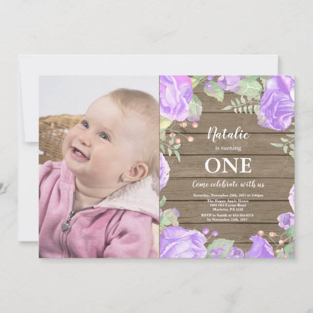 Rustique Premier Anniversaire Invitation Violet Fl (Devant)