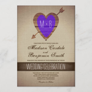 Rustique Purple Flèche de coeur Invitations Mariag