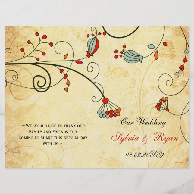 Rustique, rouge floral plié, programme mariage de  (Devant)