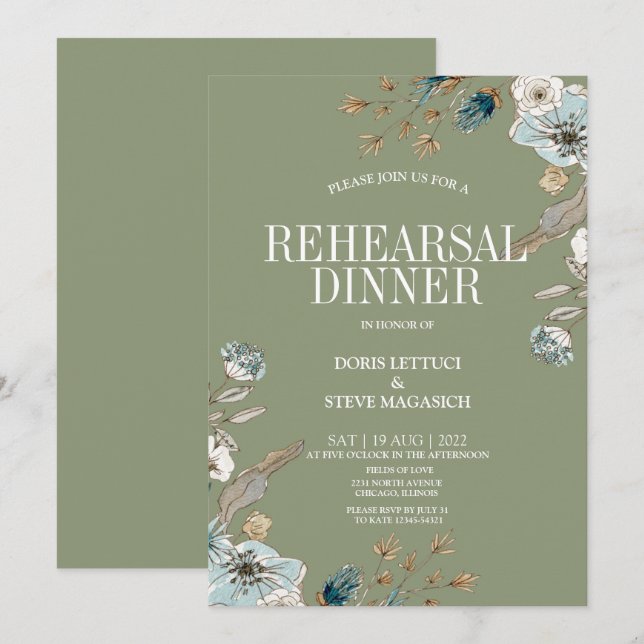 Rustique Sage Floral Rehearer Dîner Invitation (Devant / Derrière)