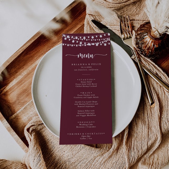 Rustique String Lights Burgundy Dîner Menu (Créateur téléchargé)