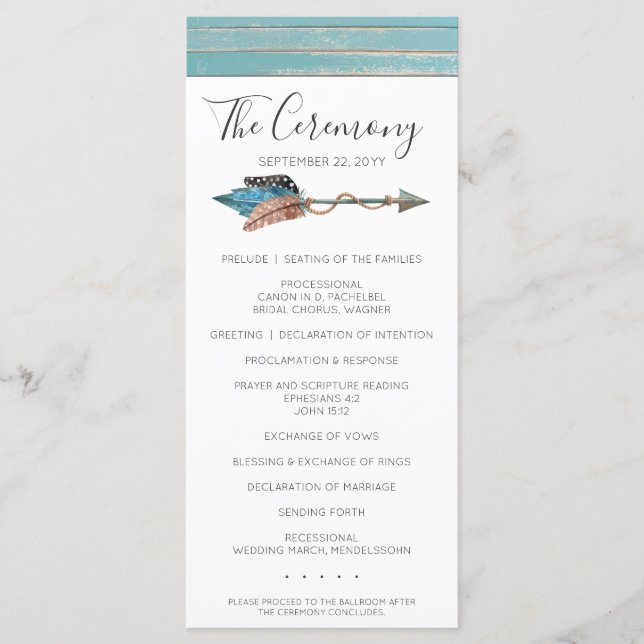 Rustique Turquoise Boho Boho Programme de mariage  (Devant)