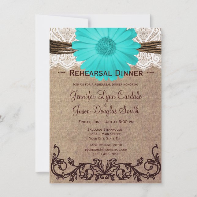 Rustique Turquoise Daisy Rehearer Dîner Invitation (Devant)