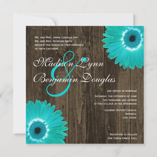 Rustique Turquoise marguerite Carré invitation mar (Devant)