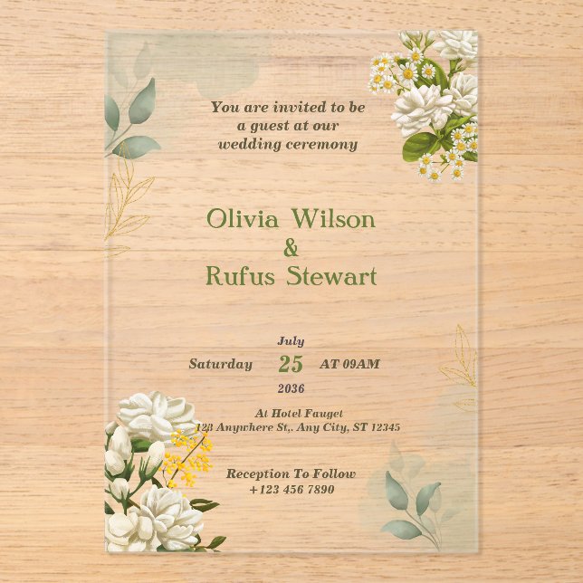 Rustique Vert Floral Acrylique Mariage Invitations (Recto)