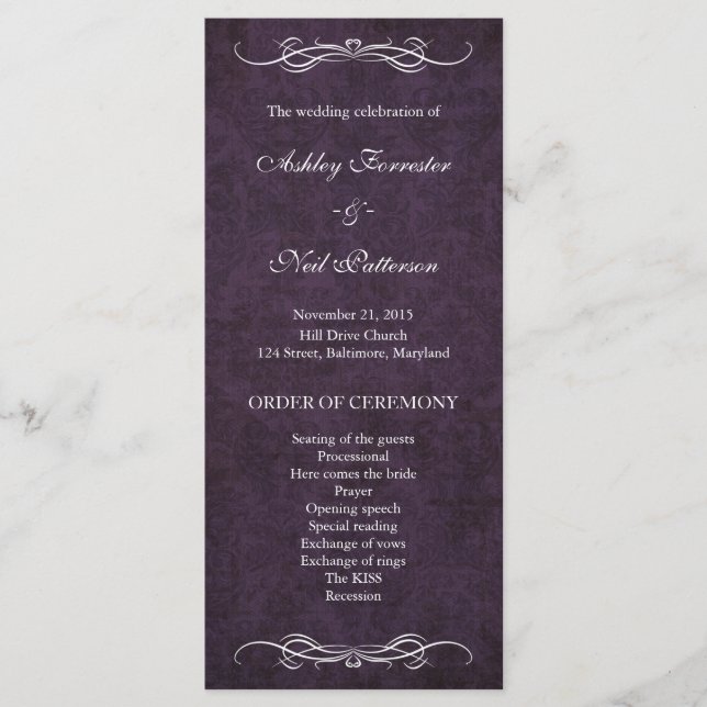 Rustique Vintage Purple Mariage damassé Programme (Devant)