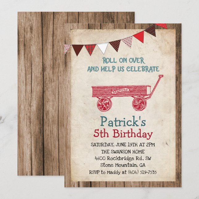 Rustique Vintage Wagon Boy Invitation Anniversaire (Devant / Derrière)
