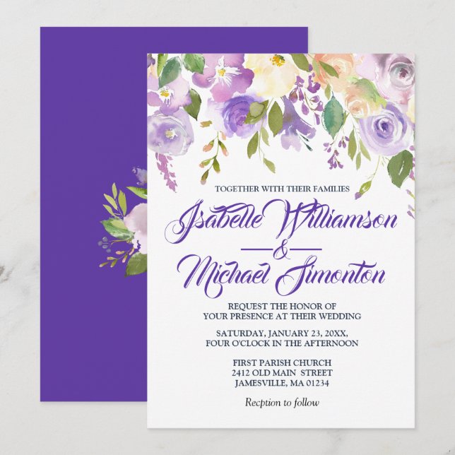 Rustique violet blanc floral Invitations de mariag (Devant / Derrière)
