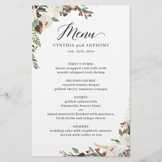 Rustique Winter Floral Berries Mariage Dîner Menu (Devant)