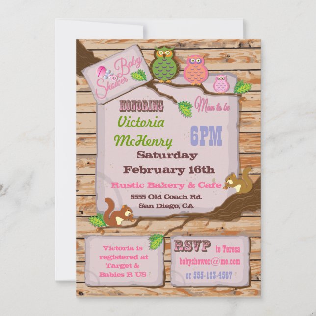 Rustique Woodland Baby Girl Shower Invitations (Devant)