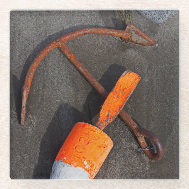 Rusty Anchor And Buoy On A Beach Glass Coaster (Front)