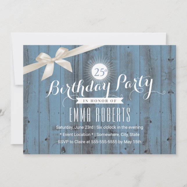 Rusty Blue Classy Ivory Ribbon Birthday Party Invitation (Front)